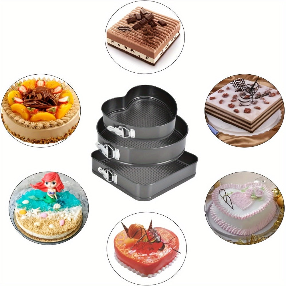 Springform Pan Set of 3 Nonstick Carbon Steel Cake Pan with Removable Bottom Round and Heart for Entryways, Bedrooms and Living Spaces