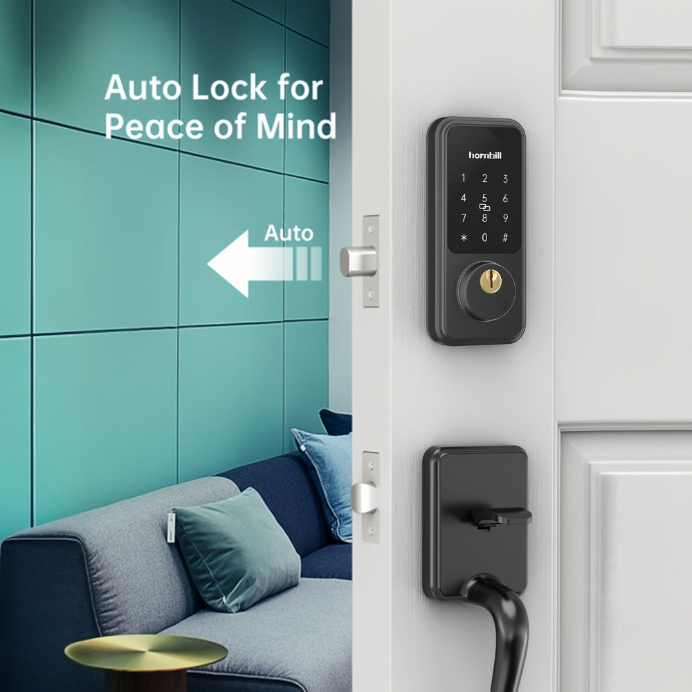 Smart Door Lock Hornbill Keypad Deadbolt and Handle Set with Bluetooth App Keyfob and Alexa Control