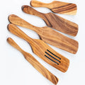 Kitchen Utensils Five-Piece Teak Wood Spurtles and Spatulas with Brown Grain and Hanging Holes for Cooking