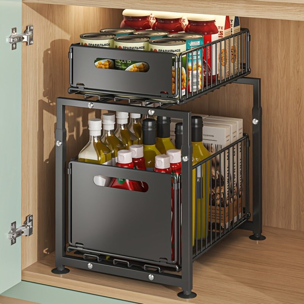 Under Sink Organizer 2-Tier Slide Out Pull Out Drawer Metal Basket Height Adjustable – Under Sink Cabinet Organizer for Kitchen Bathroom