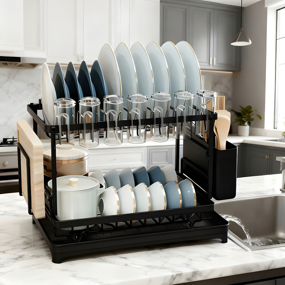 Dish Drying Rack with Drainboard in Gray, White, Black, Single-Layer and Seven-Cup Configurations