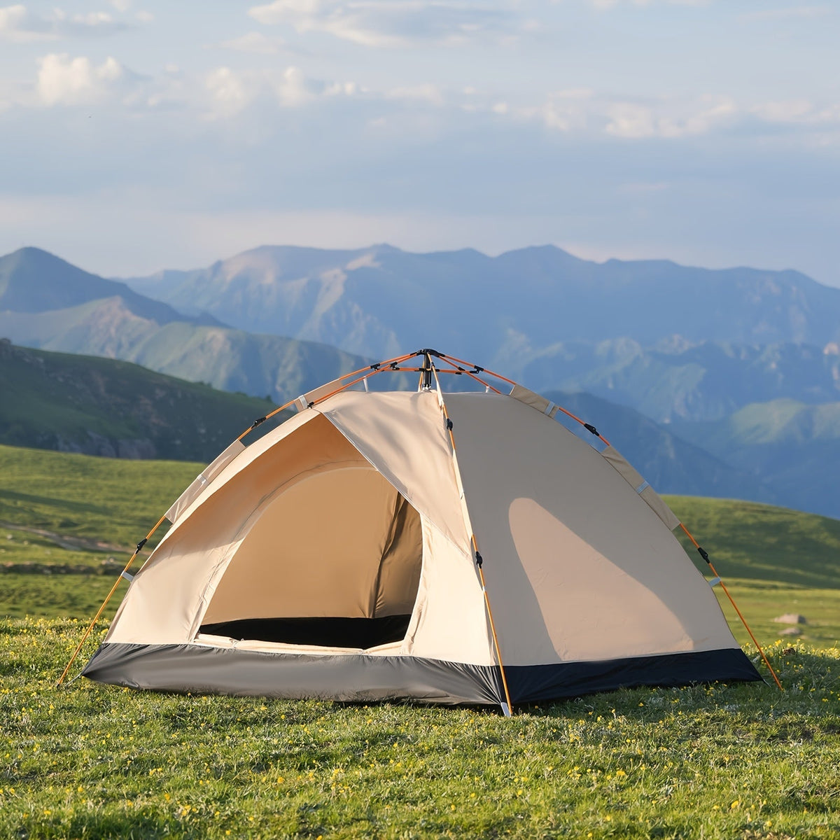 Camping Tent 4-Person Automatic Quick-Open with Two Doors and Earth-Yellow Model Options for Outdoor Camp Setup