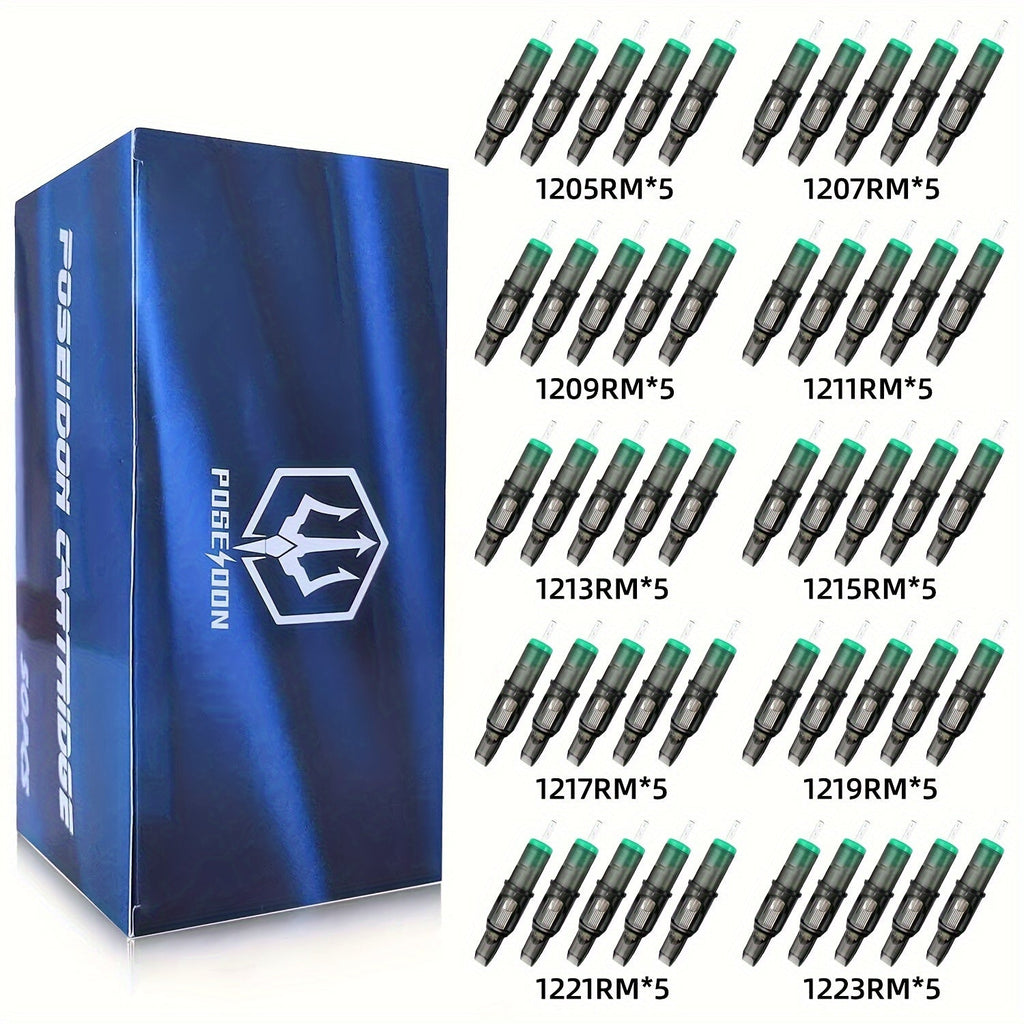 Tattoo Cartridge Needles 50Pcs Assorted - Poseidon TUV 0.30mm Stainless Steel RL RS M1 for Temporary Body Art, Festivals and Costumes