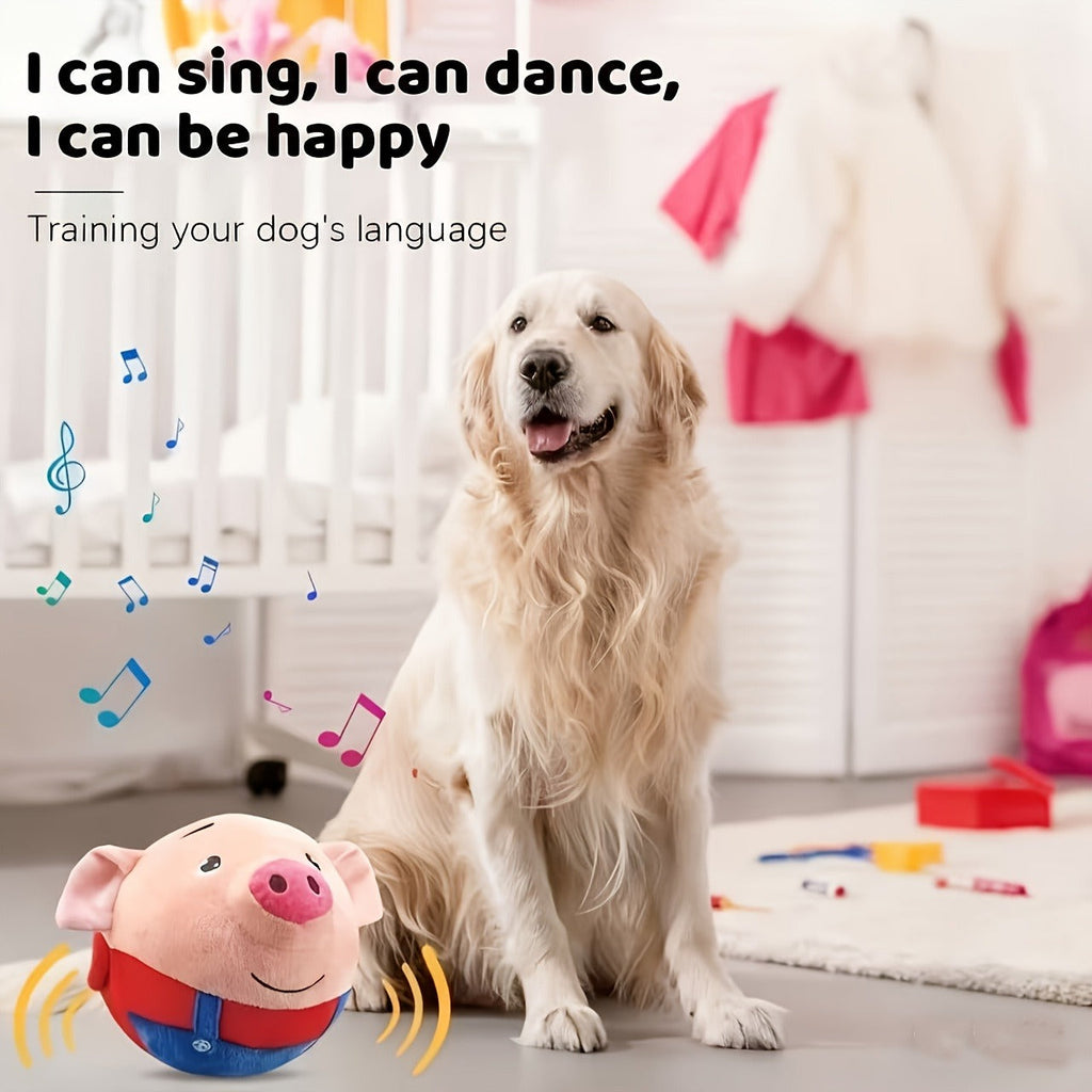 Electronic Rolling Dog Toy Ball – USB Rechargeable Cartoon Pig Plush Toy with Jumping Vibration & Sound, Automatic Self-Moving Washable