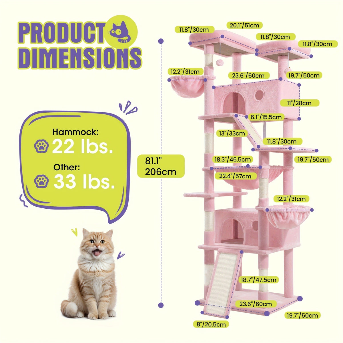Multi-Level Cat Tree in 36-, 65-, 68- or 81-Inch Heights with Perches, Condo, Hammock and 30 Color, Pattern or Layout Options