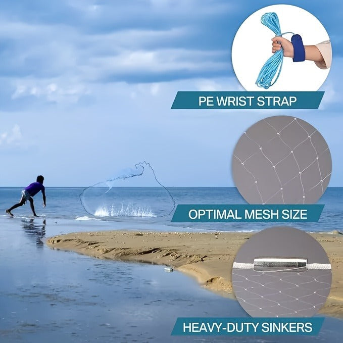Fishing Cast Net 8FT 10FT with Real Zinc Sinker Weights, Nylon Monofilament Mesh 1.3cm, Heavy Duty Saltwater Bait Trap Net Easy Throw