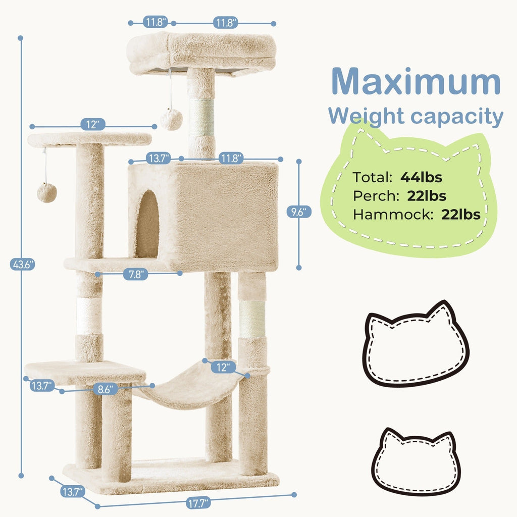 Multi-Level 44in Cat Tower with Enclosed Condo, Hammock, Round Platforms and Sisal-Wrapped Posts