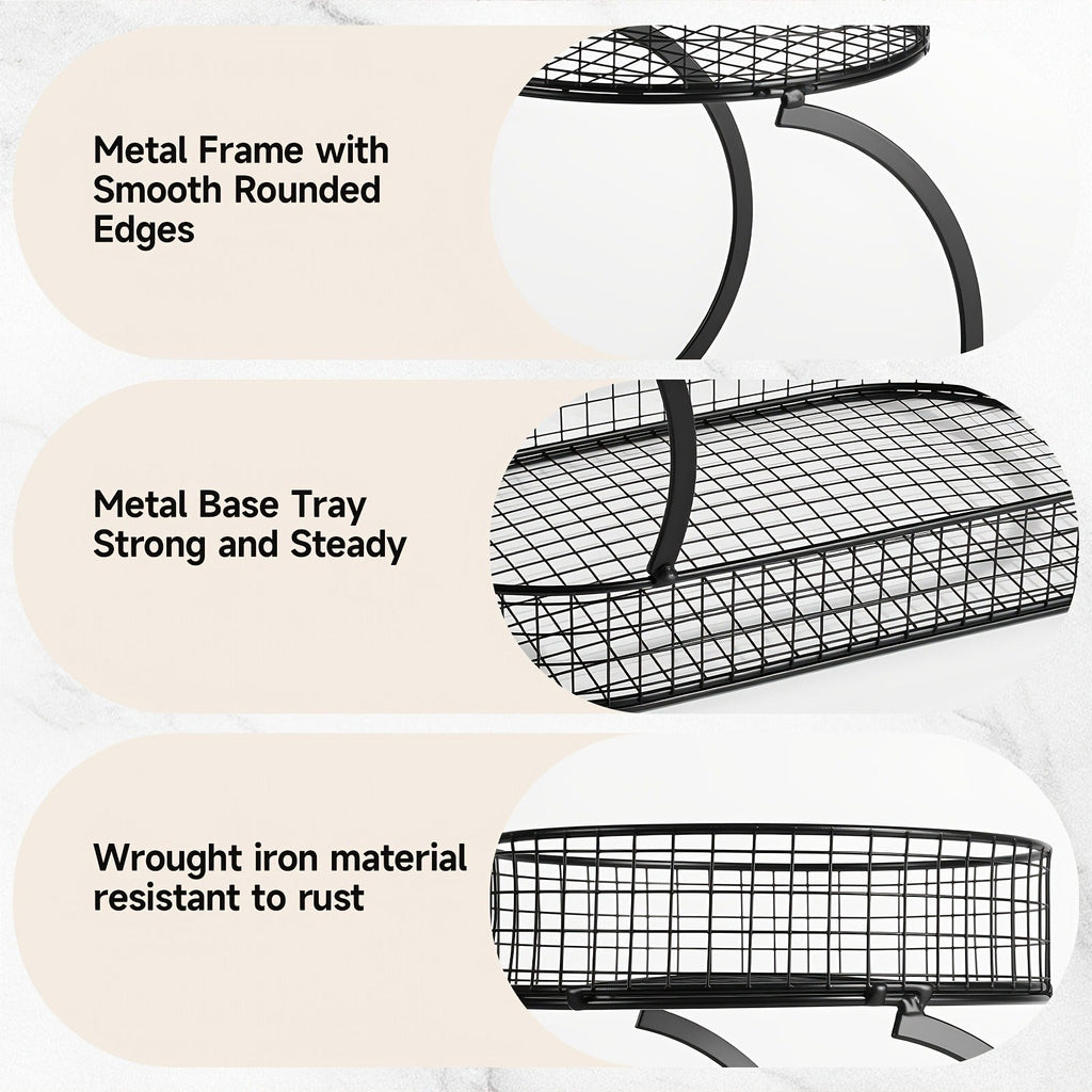Three-Level Black Wire Fruit Basket with Two Round Bowls and 15.75-Inch Rectangular Base Tray
