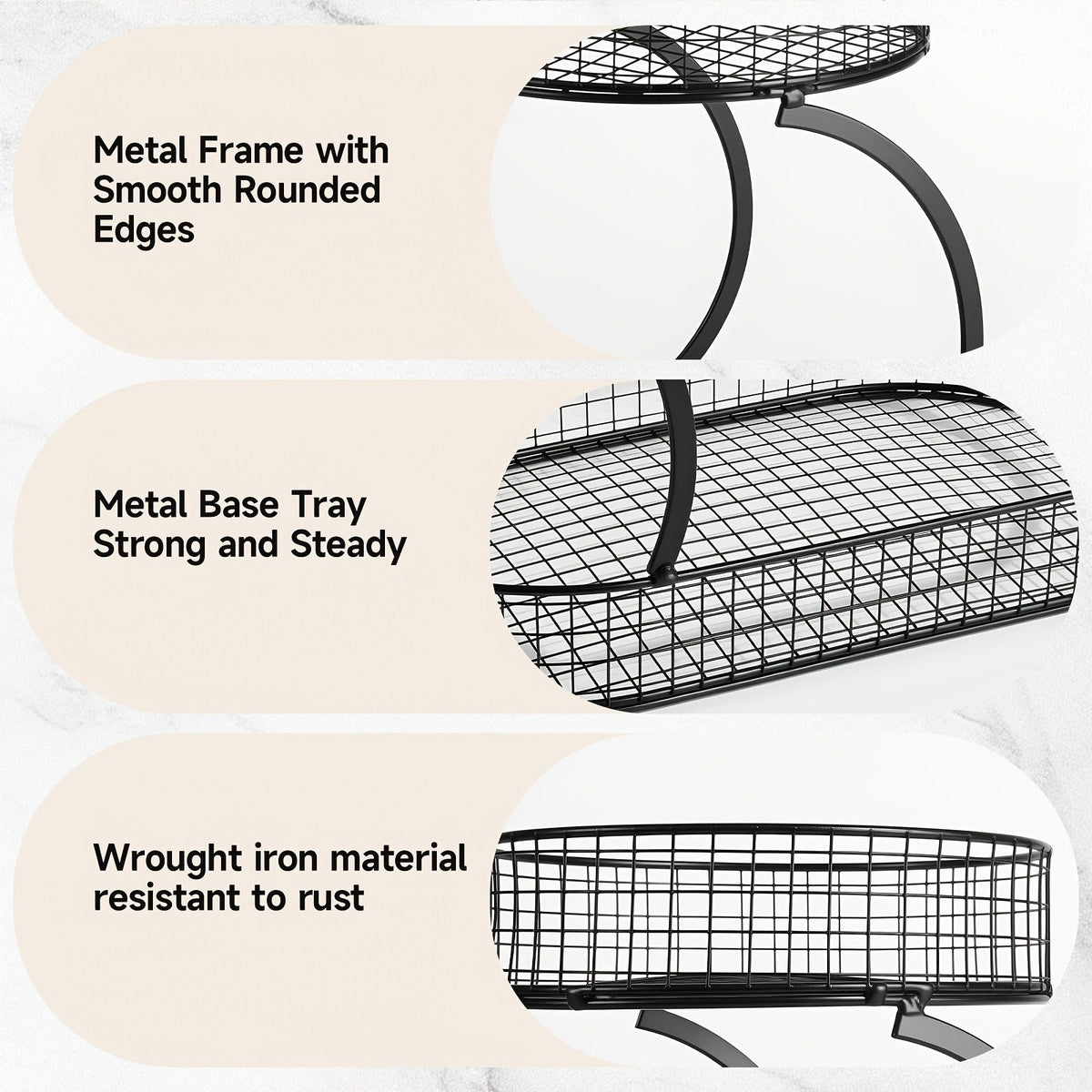 Three-Level Black Wire Fruit Basket with Two Round Bowls and 15.75-Inch Rectangular Base Tray