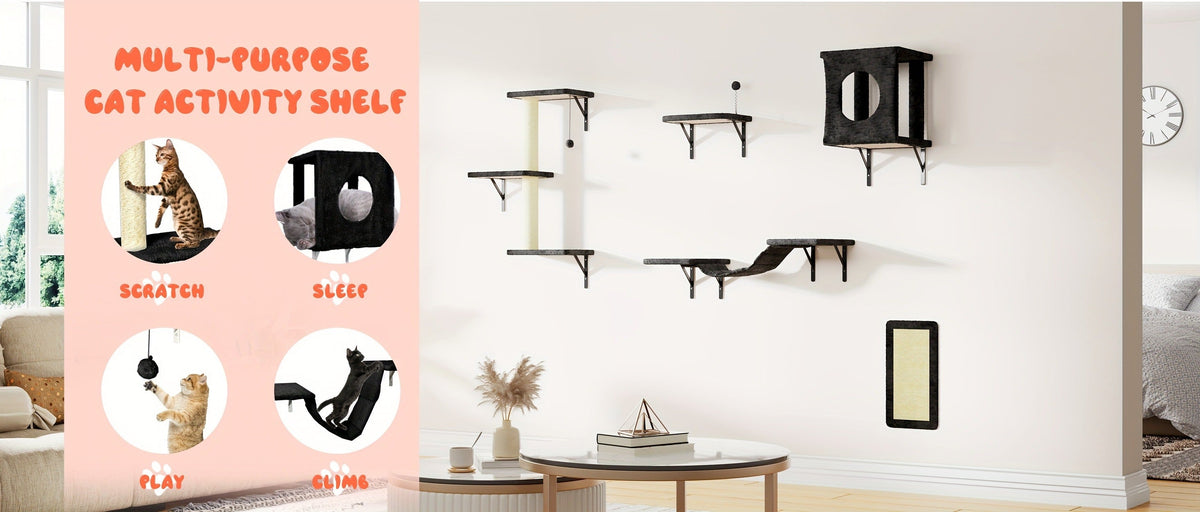 Cat Wall Shelves 5-Piece Set – Wall-Mounted Cat Furniture with Floating Perch, Cat Climber, Bridge & Cat Bed