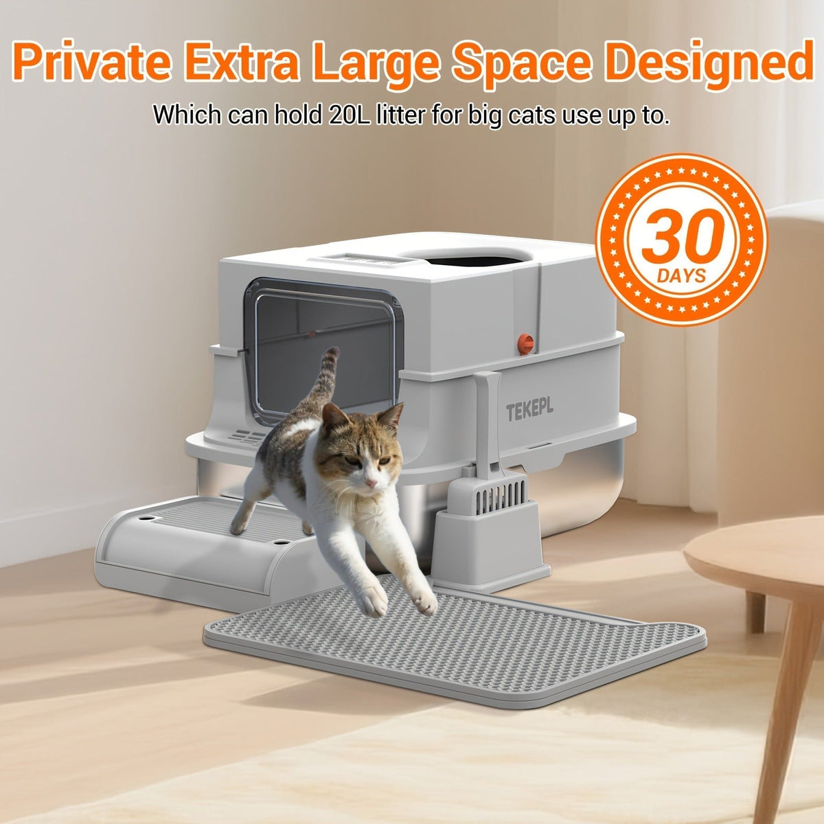 TEKEPL 68L Cat Litter Box with Stainless Steel Basin and Modular Enclosed, Semi-Open or Open Configuration