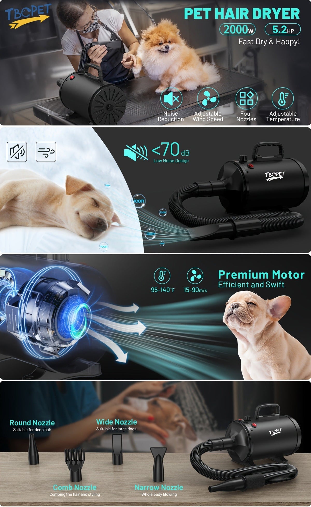 Dog Hair Dryer 3800W High Power – Professional Pet Grooming Blow Dryer with Adjustable Speed & Temperature Control