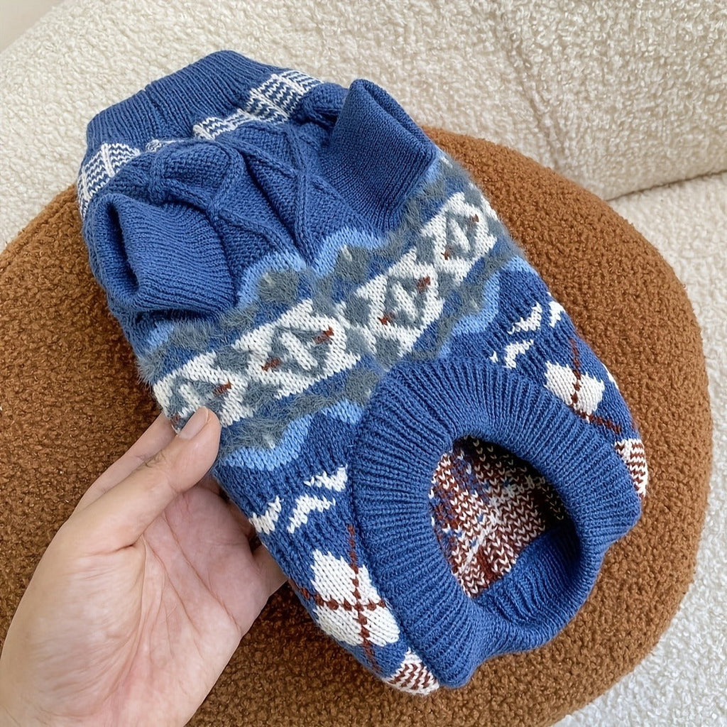 Cable-Knit Dog Turtleneck Sweater with Fair Isle Pattern, Beige or Blue and Five XS–XL Sizes