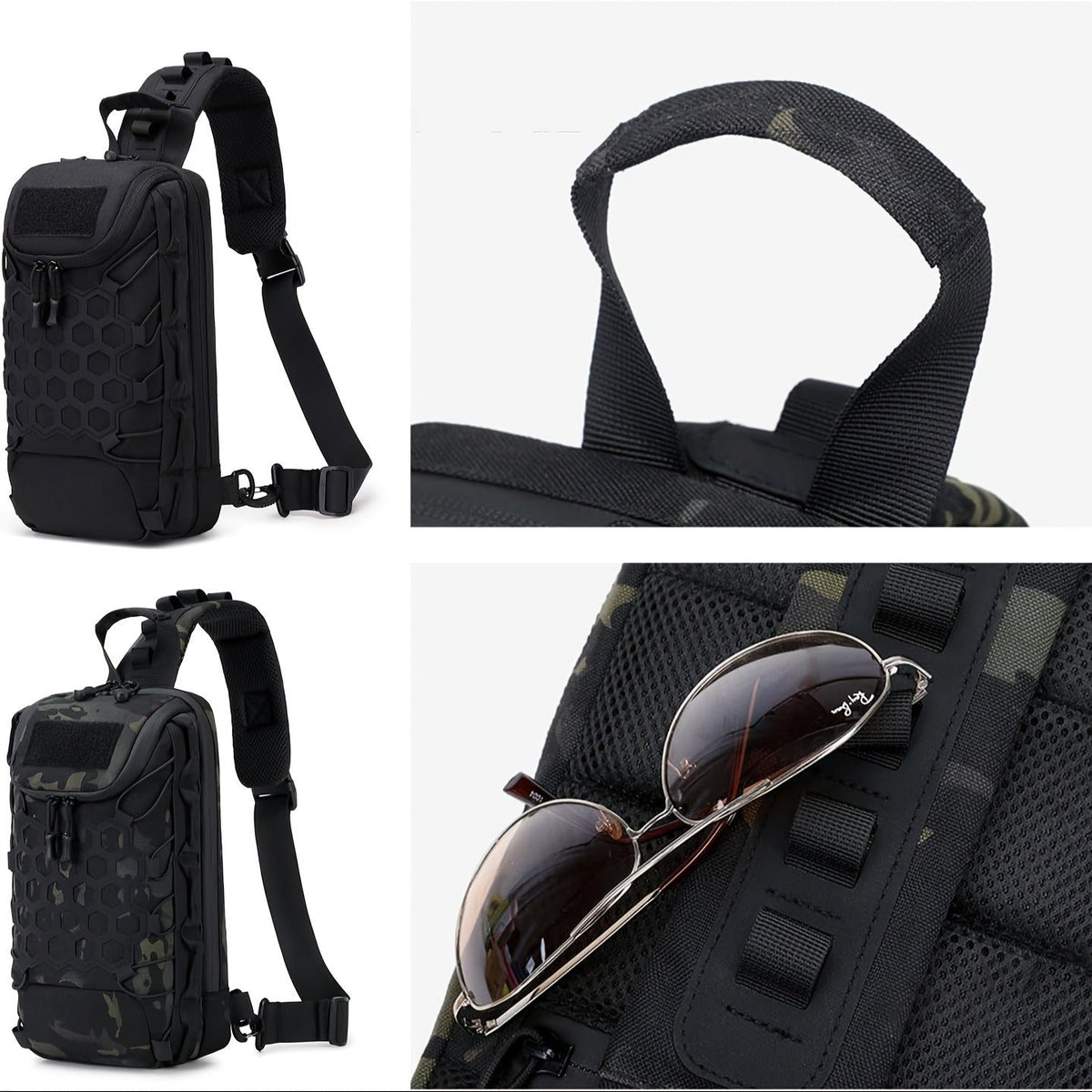 Structured Tactical Shoulder Crossbody Bag with Honeycomb Front Panel in Black or Camouflage Pattern