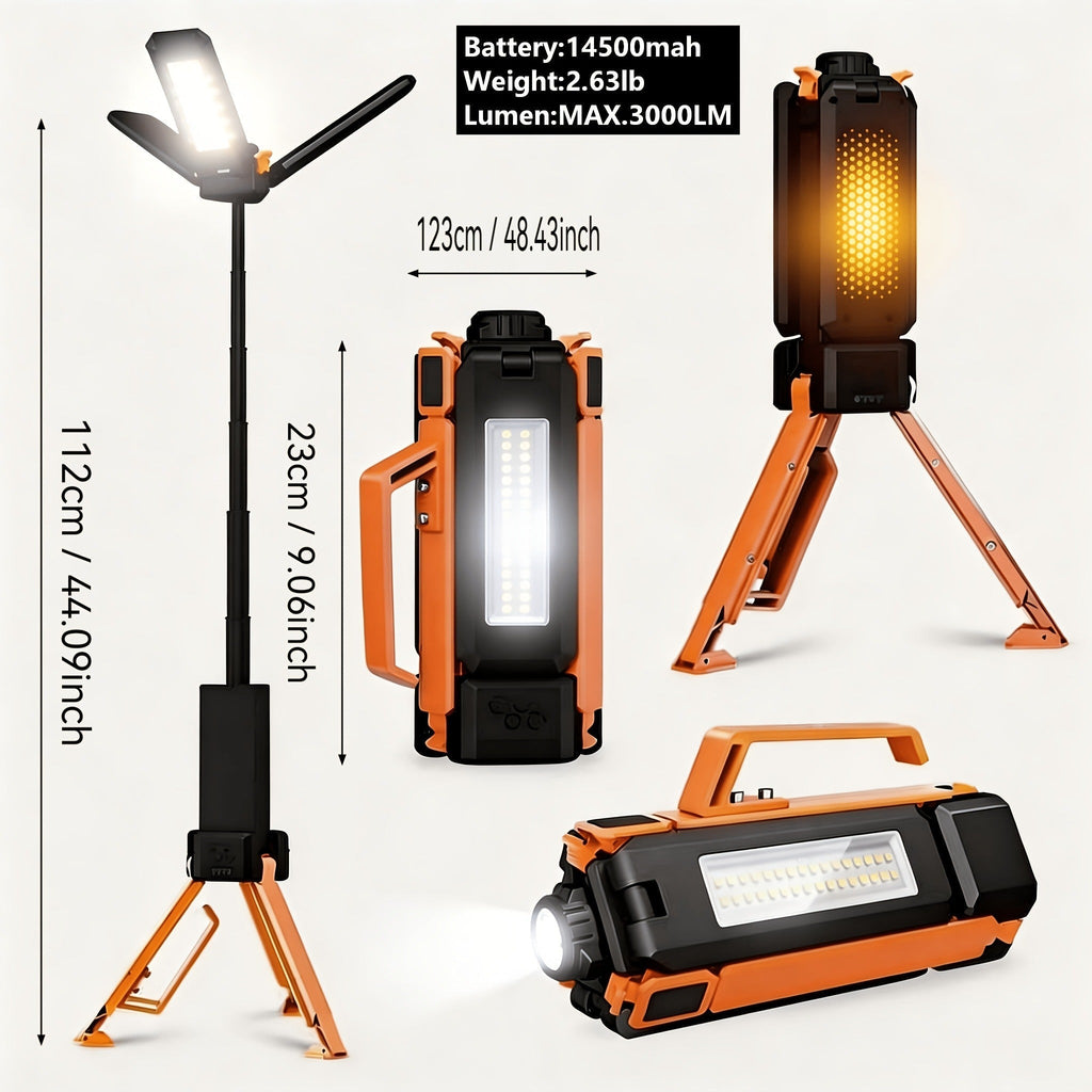 LED Camping Lantern with Tripod Stand, 6000/14500mAh Rechargeable Work Light, 10 Light Modes, 3 Height Adjustments