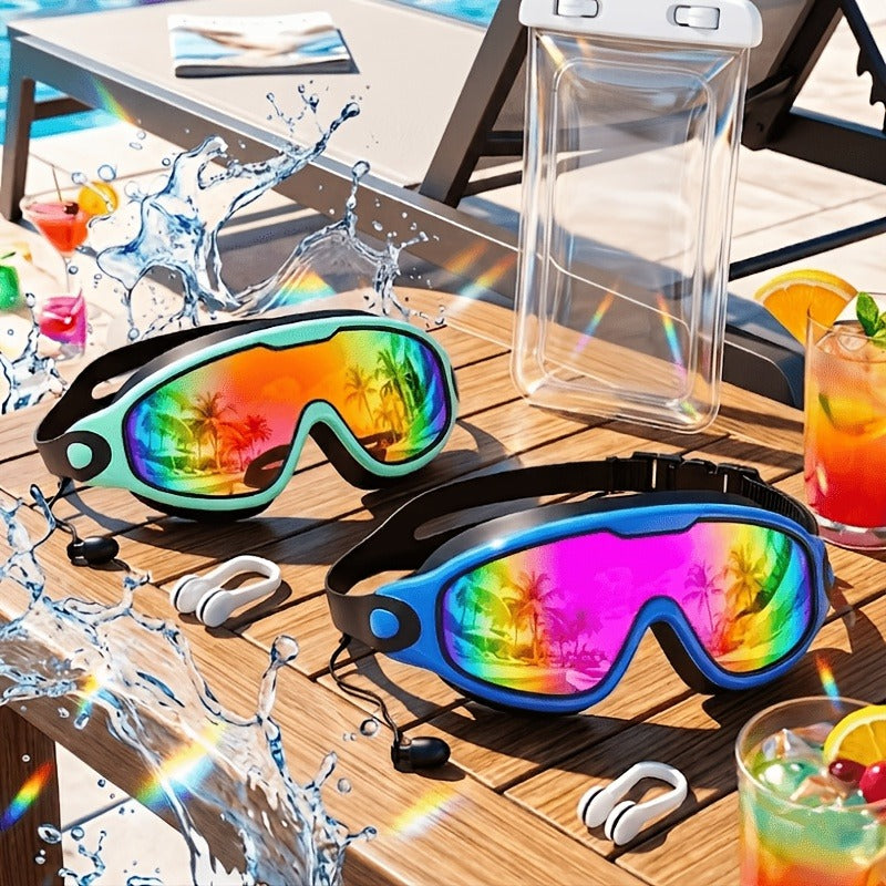 Two-Pack Wide-Lens Swim Goggles with Mirrored Blue-Green Lenses, Adjustable Straps, Case and Accessories