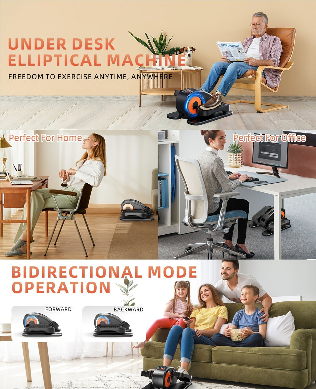 Under Desk Elliptical Machine Fully Assembled Quiet Portable Seated Pedal Exerciser with Remote Control 12 Adjustable Speeds for Home Office