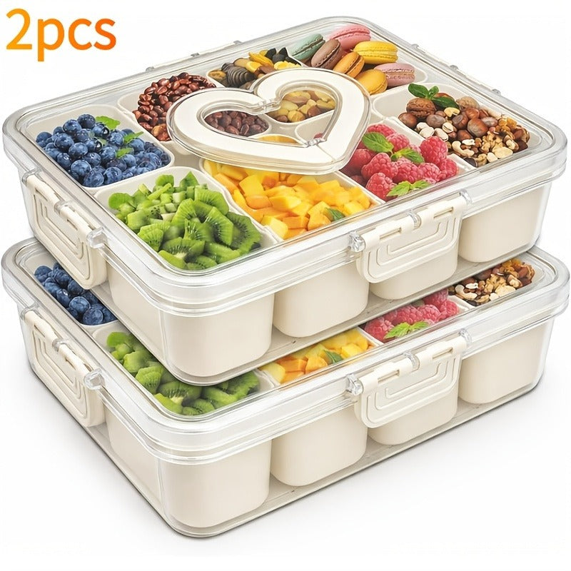 Storage Containers with Lids, Snack Tray Two-Pack with Four or Eight Removable Compartments and Snap Lids