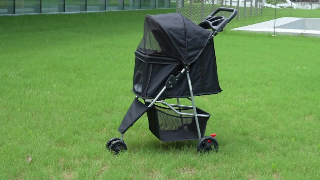 Black Three-Wheel Pet Stroller with Mesh Cabin, Front Cover, Cup Tray and Lower Storage Basket