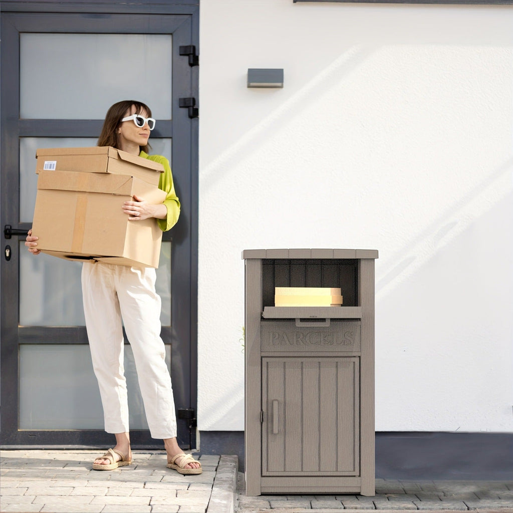Tall Light-Brown Parcel Outdoor Storage Box with Drop Compartment, Front Door and Lock Hardware
