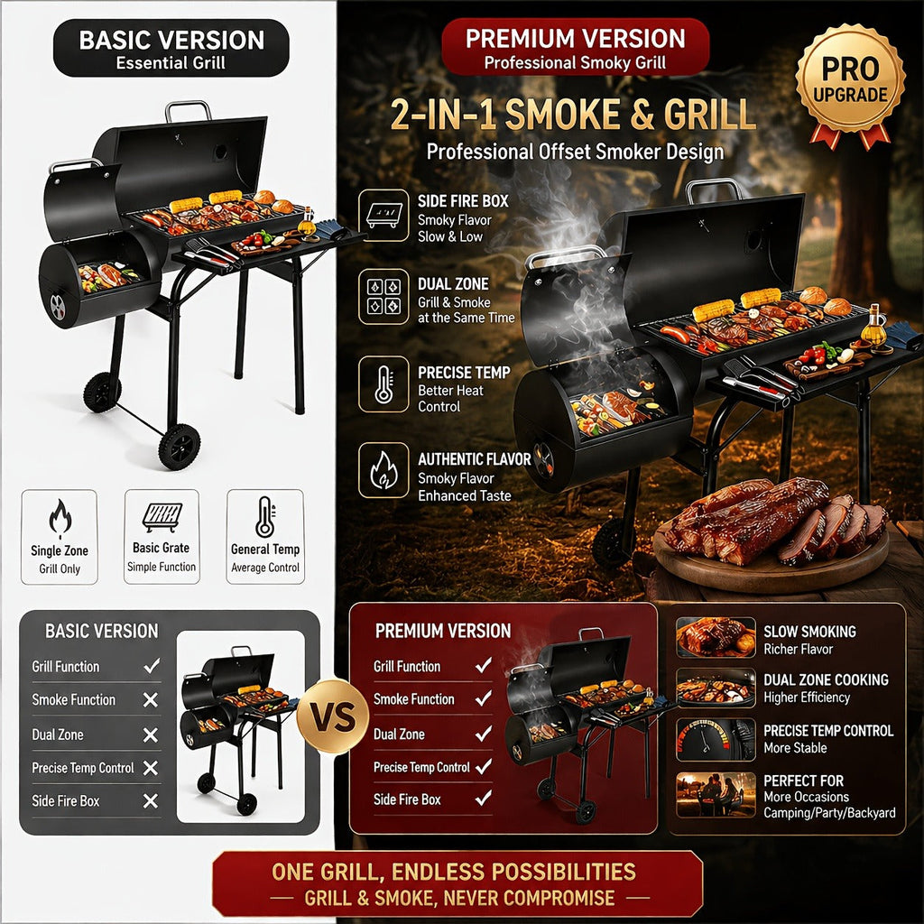 Barrel Charcoal Grill with Offset Smoker, Wheeled Cart, Side Firebox and Two Black Configuration Options