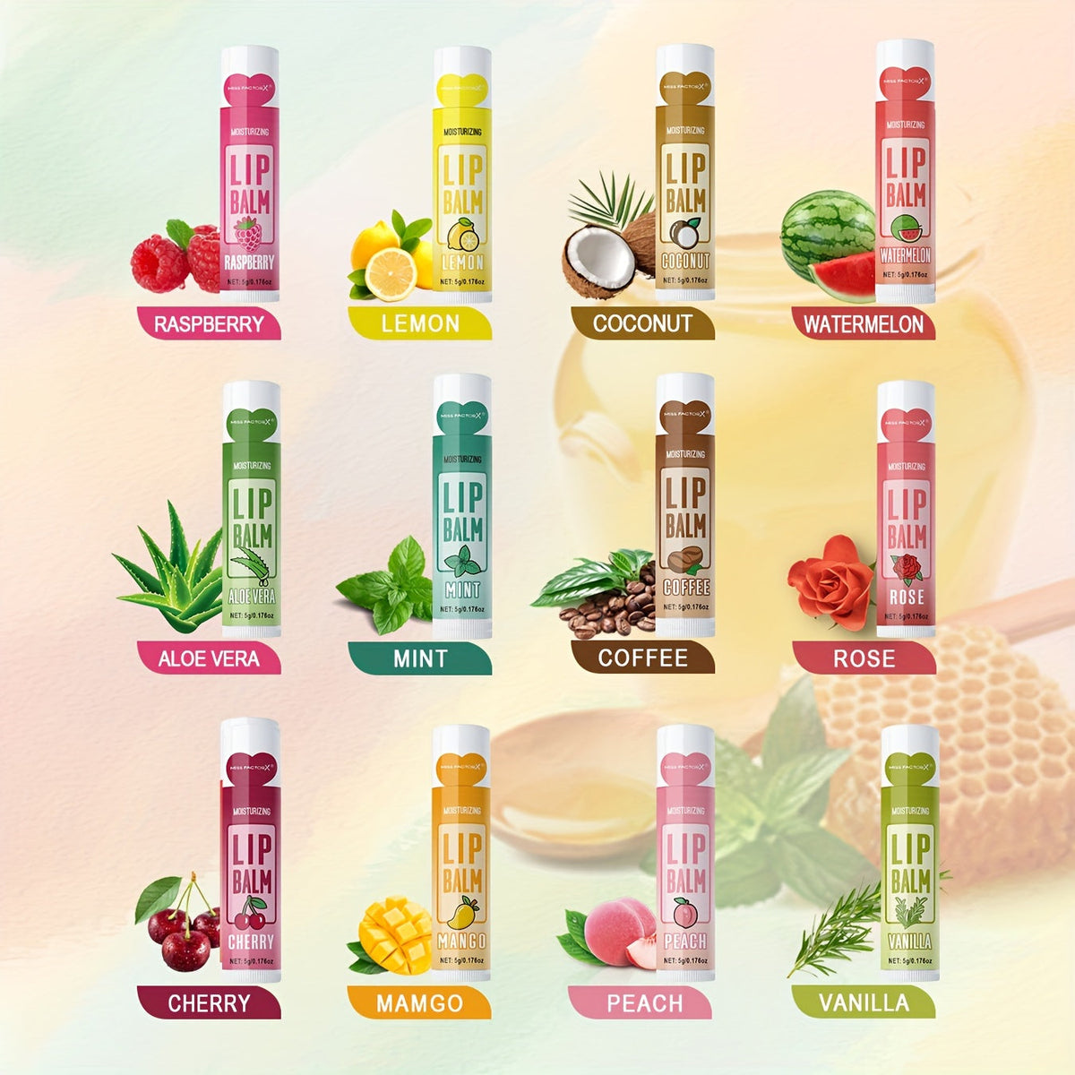 12-Piece Tube Lip Balm Set with 12 Pictured Fruit and Botanical Flavor Labels in a Display Box
