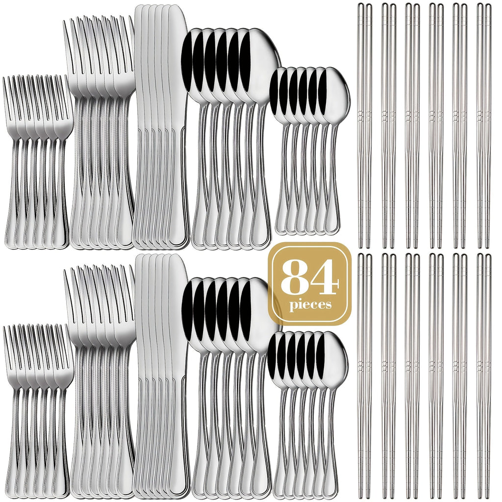 Large Flatware Set with 60-, 65- or 84-Piece Silver, Gold or Black Options and Chopstick Configurations