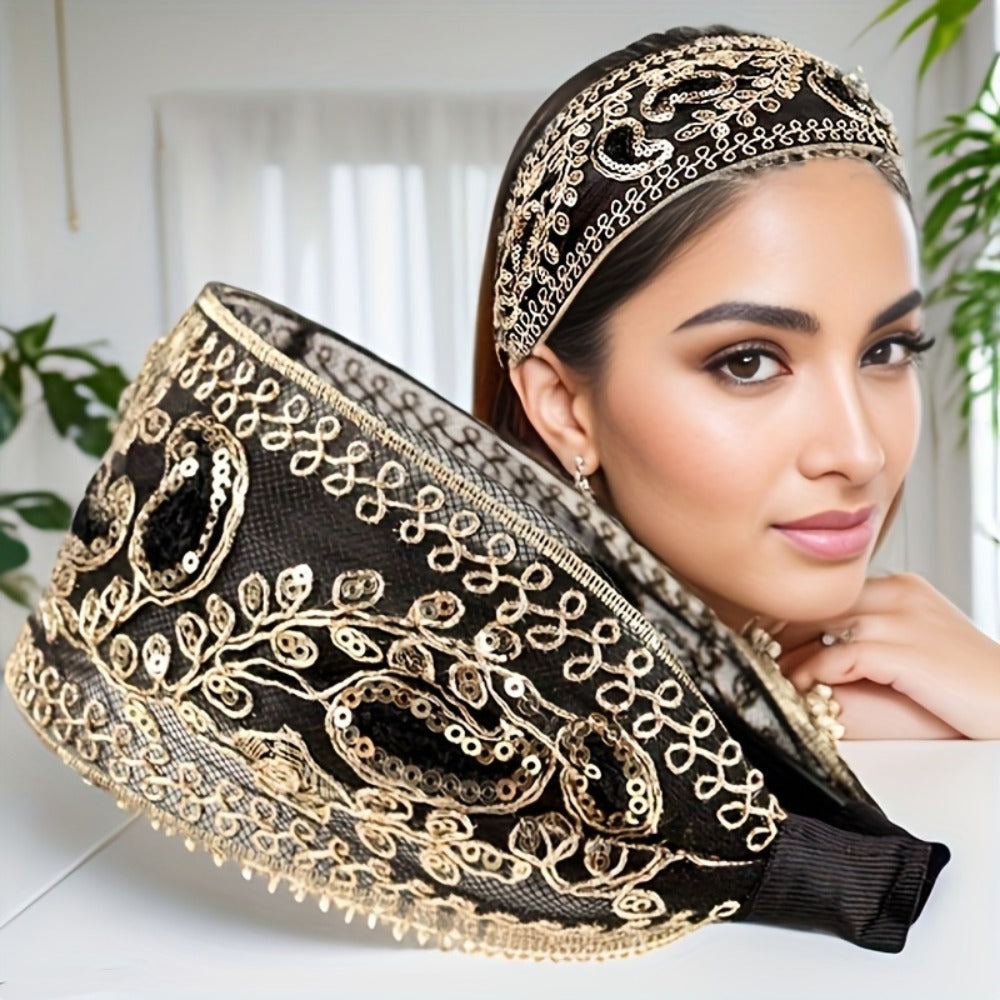 Hair Accessories Two-Piece Wide Embroidered Headband Set with Sequin Floral Details and Color Choices
