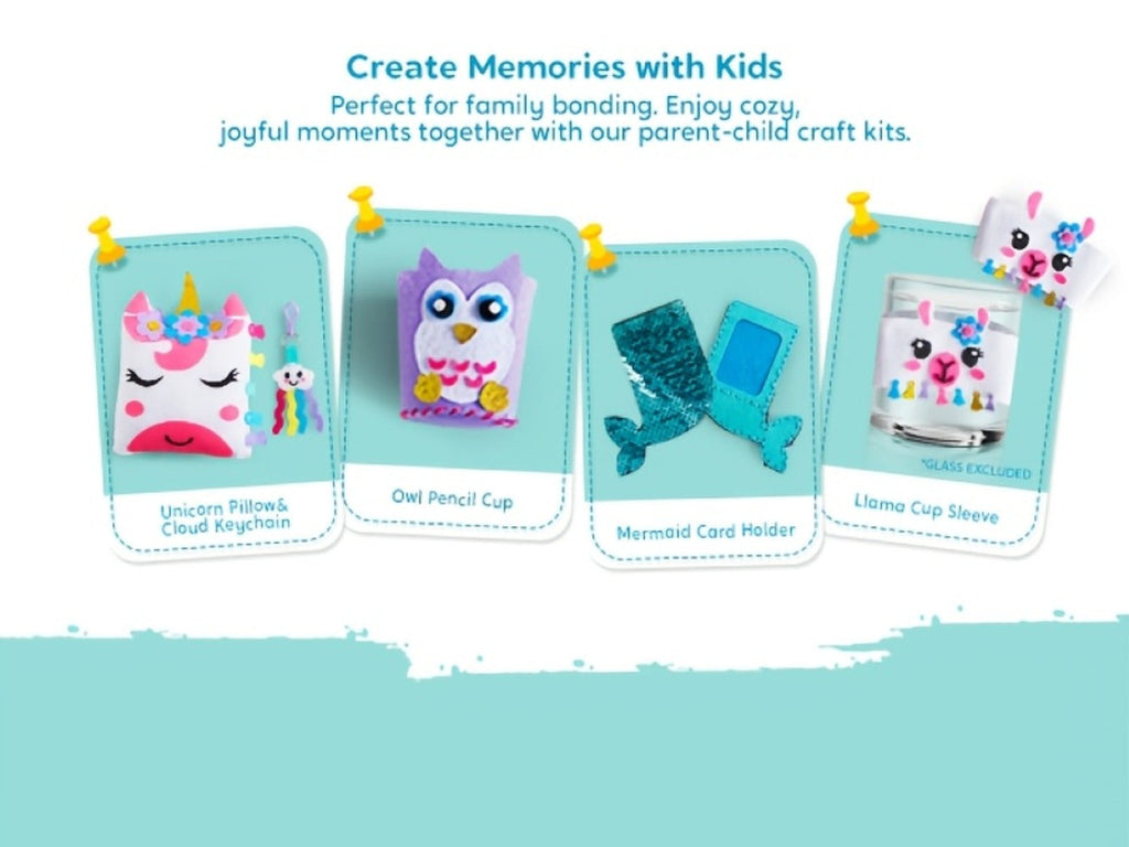 Kids Sewing Kit for Beginners 7 Felt Craft Projects, Pre-Punched Holes Safe Needles Mini Pillow Keychain Card Holder Cup Sleeve