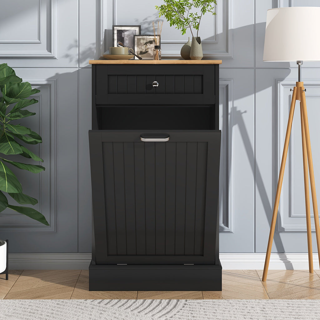 Tilt Out Trash Cabinet Freestanding Kitchen Garbage Cabinet with Cutting Board & Drawer, Wood Hideaway Recycling Station