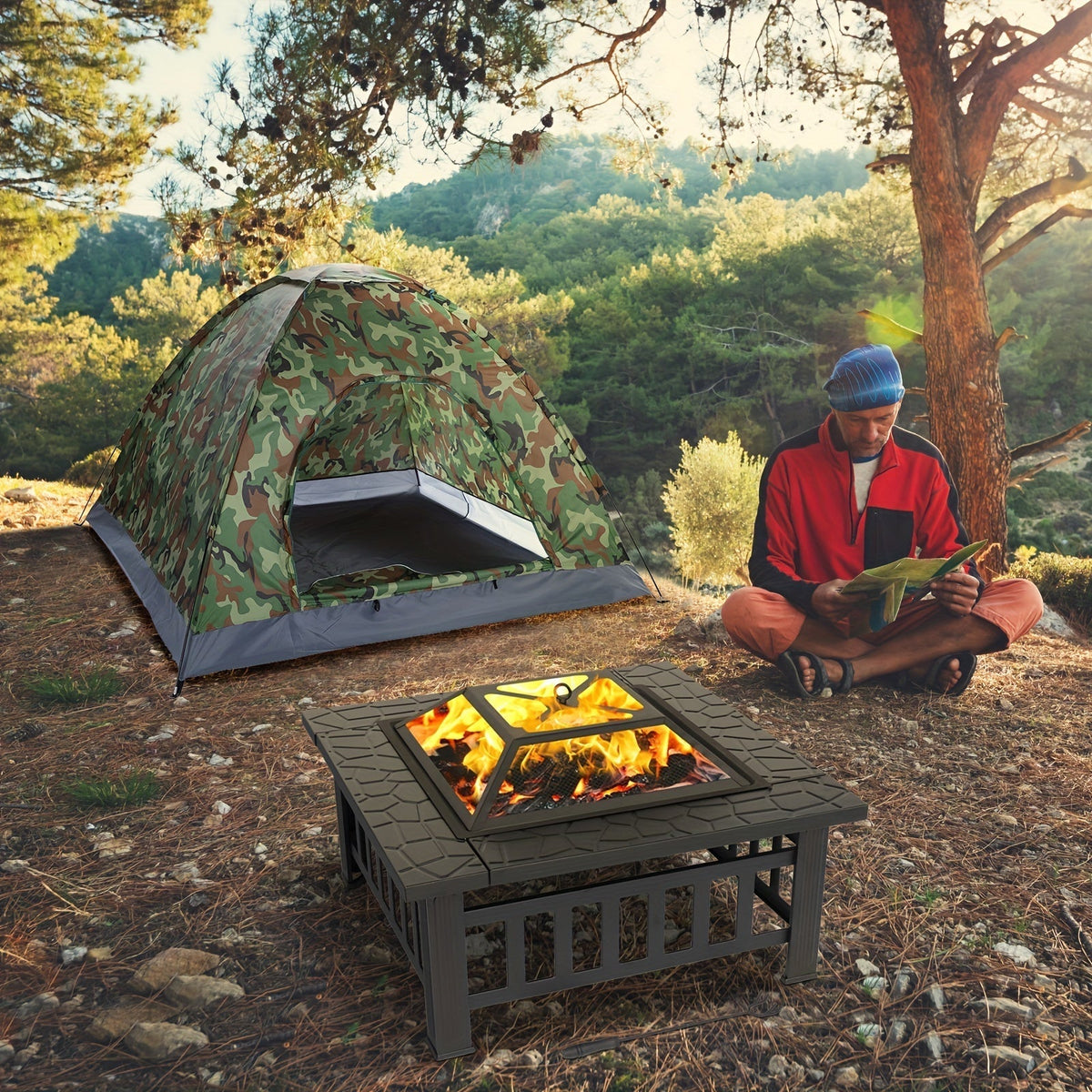 Black Square Fire Pit Table with Raised Mesh Cover, Perforated Side Panels and Wood-Burning Bowl