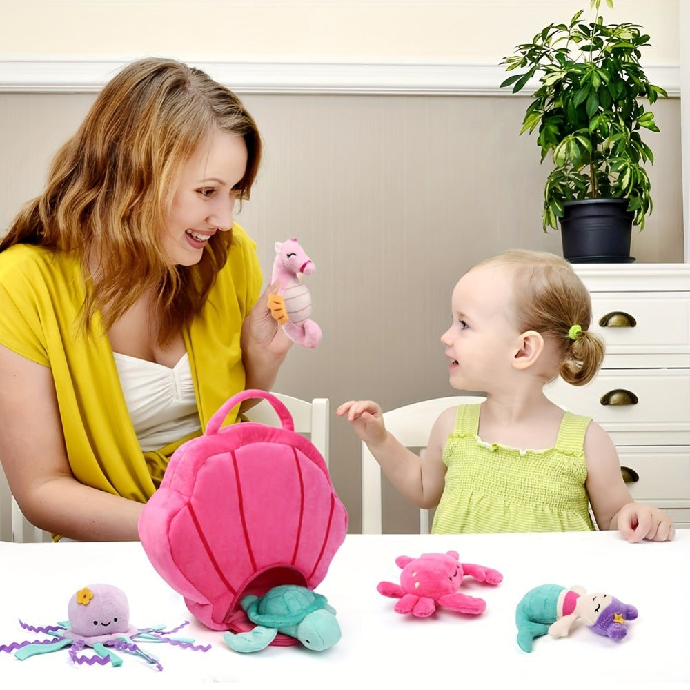 Plush Toy Five-Piece Ocean Creature Set with Mermaid, Sea Animals and Pink Shell Carry Bag