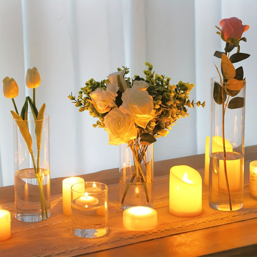 Glass Cylinder Vases Set 12 or 24pcs Clear Tall Flower Vase Candle Holder 4 Sizes for Wedding for Entryways, Bedrooms and Living Spaces