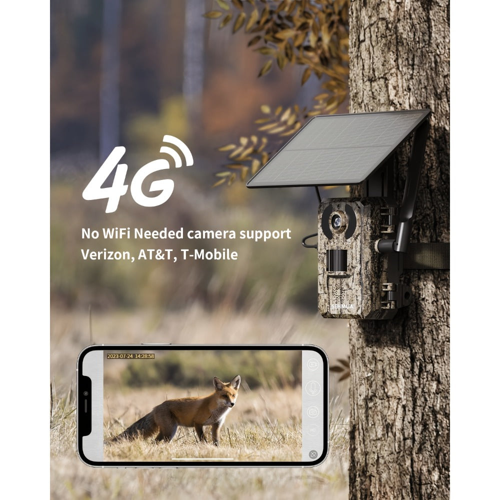 Solar Powered 4G Trail Camera 4K Live View 0.2s Trigger Speed 120° Wide Angle 850nm Night Vision No WiFi Needed Cellular Hunting Wildlife