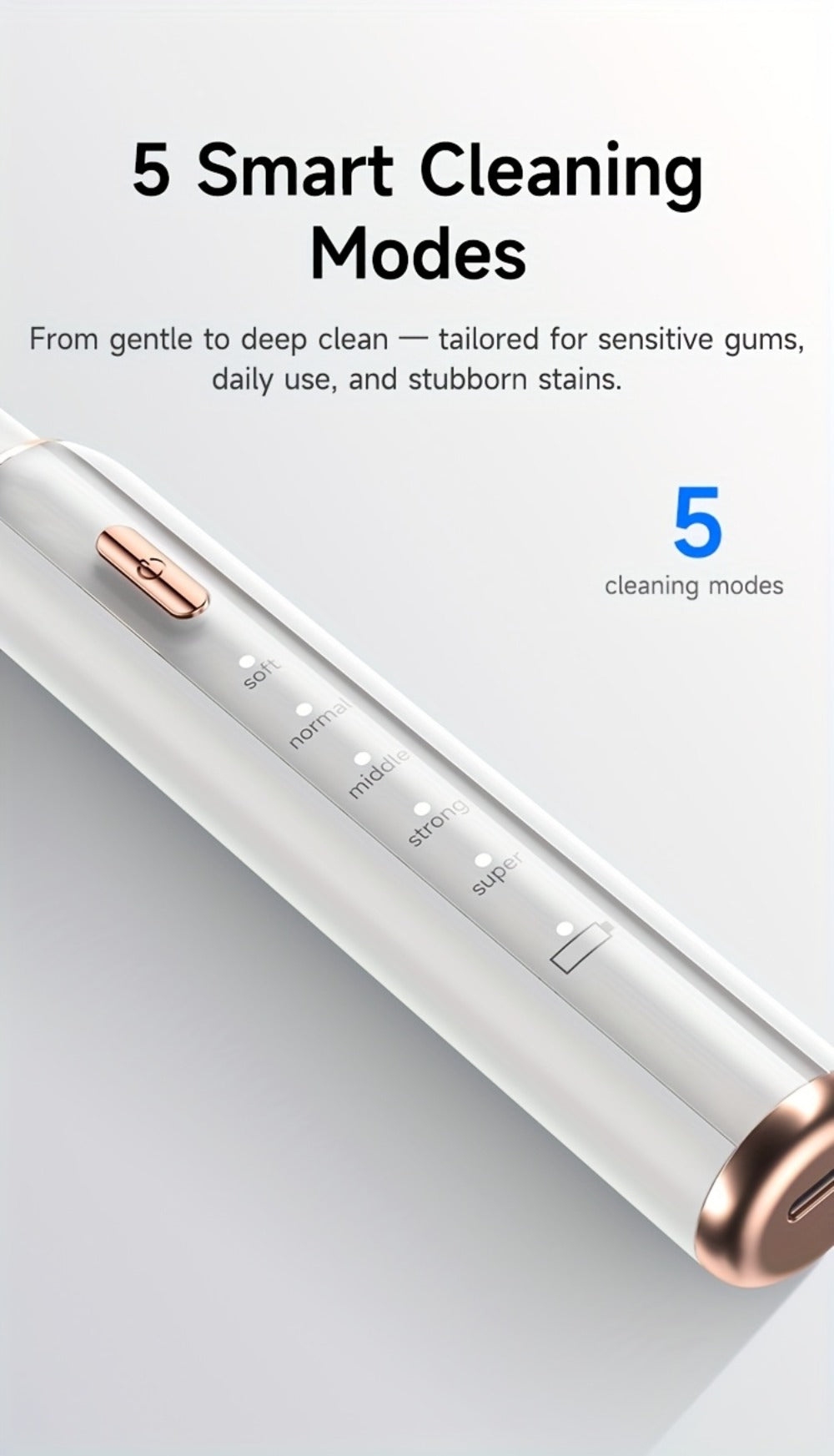 Interdental Plaque Remover with LED Light, Electric Teeth Cleaner, 5 Cleaning Modes, 2 Replacement Heads