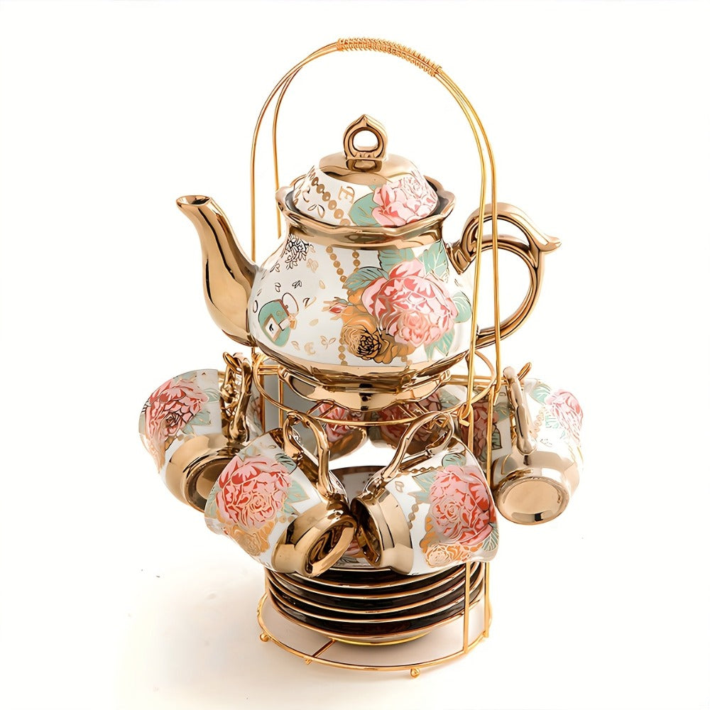 20-Piece Floral Ceramic Tea Set with Saucers & Metal Stand, European Afternoon Tea Service, Blooming Design