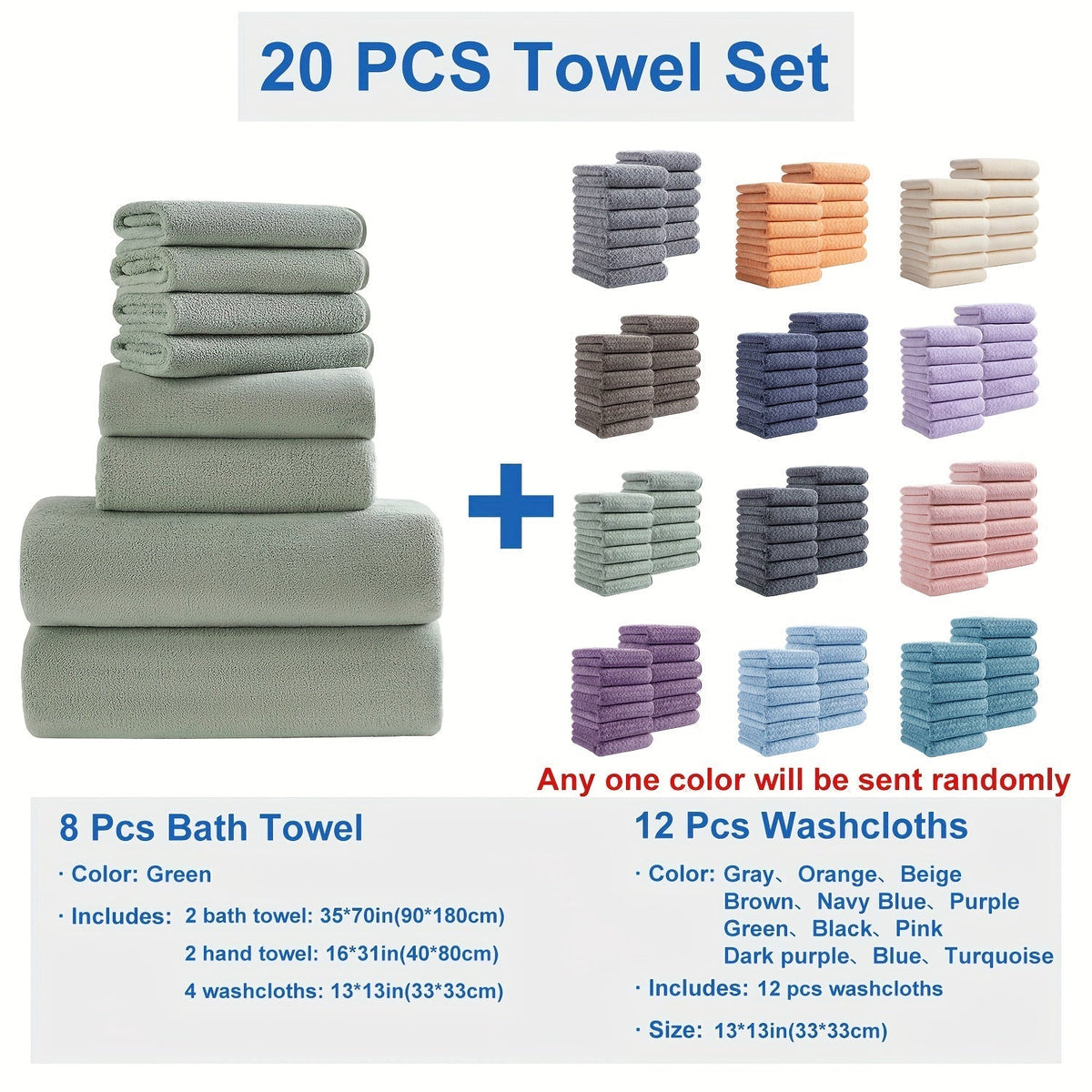Bath Towel Set 20 Piece 100% Microfiber Absorbent Quick Dry Soft Extra Large Bath Sheets 8 Bath Towels 12 Washcloths Home Bathroom Spa Gift