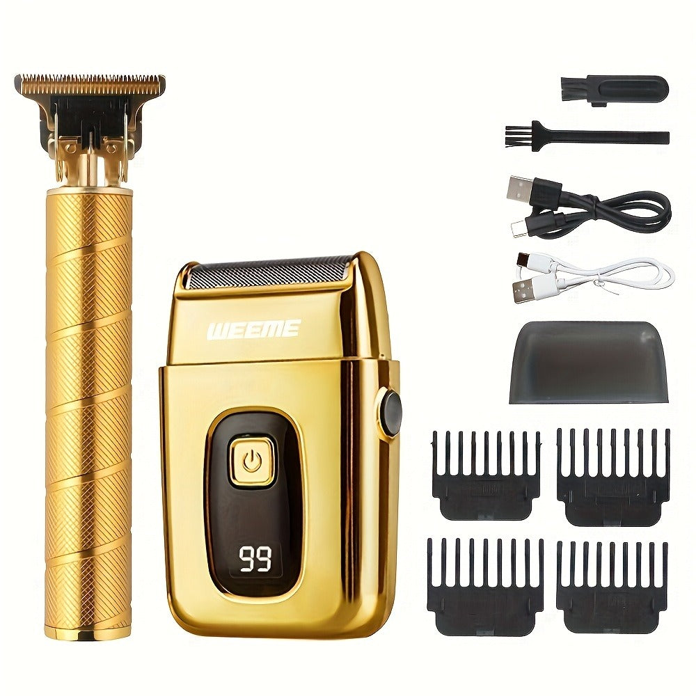 Hair Clipper WEEME Gold or Blue Three-Tool Grooming Set with LCD Display, USB Charging and Guide Combs