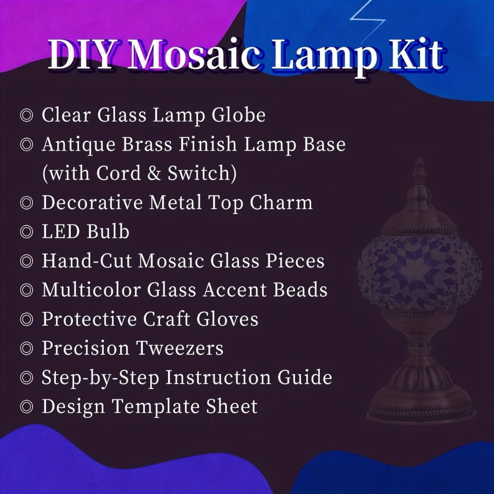 DIY Turkish Moroccan Mosaic Lamp Kit Handmade Glass Metal Brass Dimmable Bohemian Table Light for Entryways, Bedrooms and Living Spaces