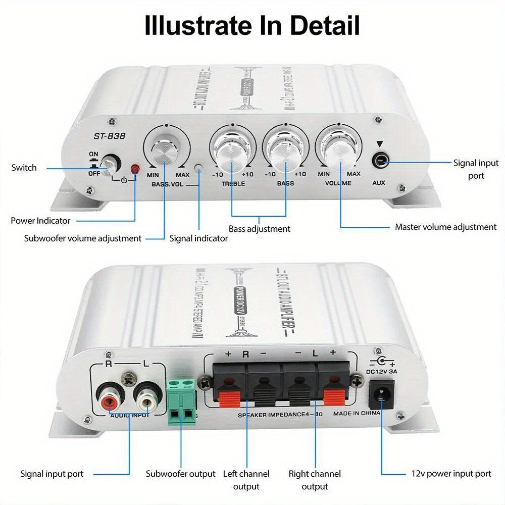 400W Car Audio Amplifier 2.1 Channel 12V Vehicle Sound System Stereo Bass Booster with Aluminum Alloy Housing