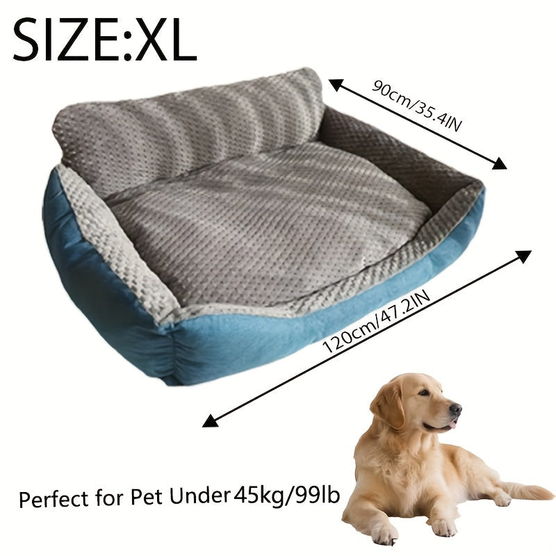 Blue-Gray Dog Bed Couch with Raised Back and Side Bolsters in Four Sizes, Plus One Random Cat Teaser