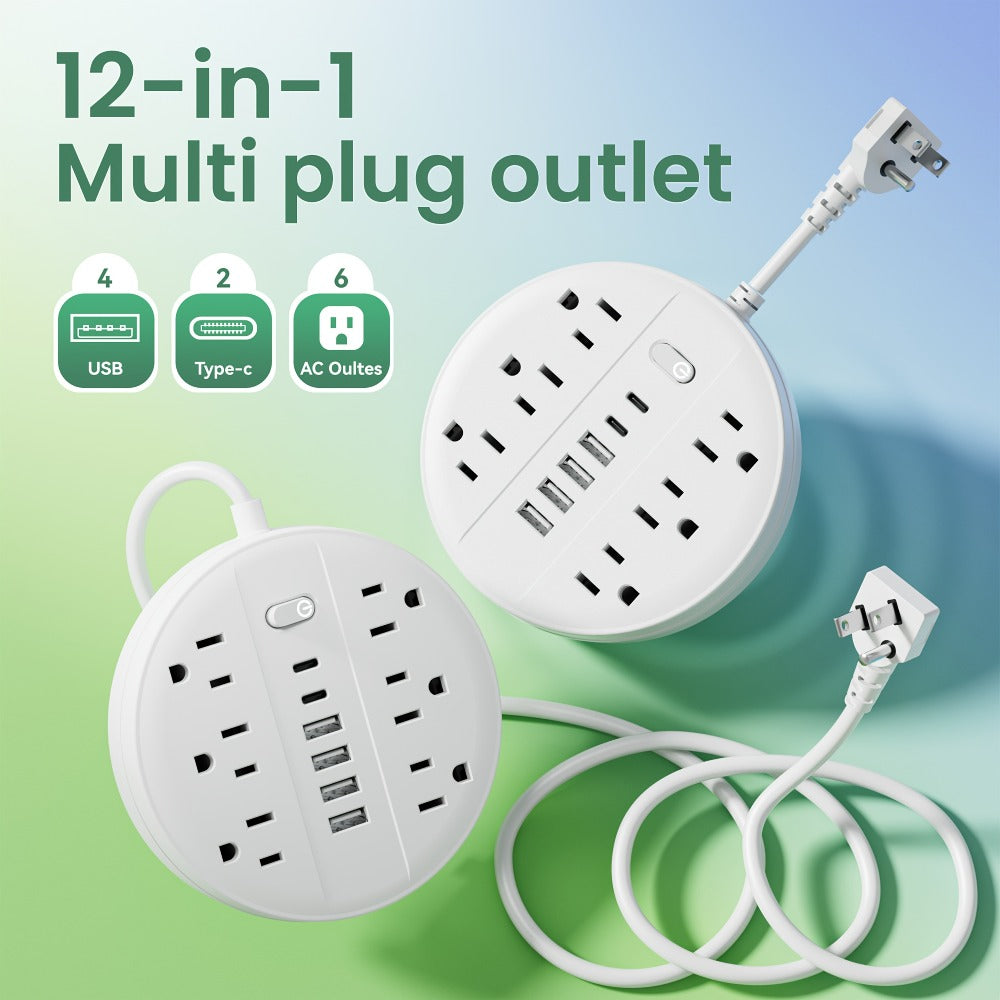 Power Strip 12-in-1 Wall-Mount Surge Protector with 6 AC Outlets, 4 USB-A, 2 USB-C and Three Cord Lengths