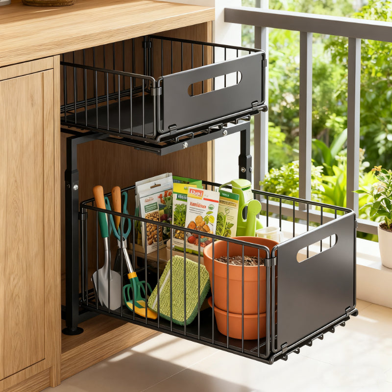 Under Sink Organizer 2-Tier Slide Out Pull Out Drawer Metal Basket Height Adjustable – Under Sink Cabinet Organizer for Kitchen Bathroom