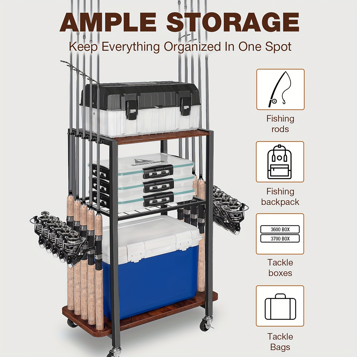 Fishing Rod Holder Rack Rotating Tackle Storage Cart Iron Wood Holds 10 to 12 Rods Garage Fishing Pole Organizer with Wheels Fishing Gear