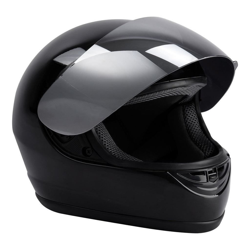Motorcycle Helmet TCMT Gloss Black Full-Face Shell with Clear Shield, Large Variant, Padded Interior and Rear Vents