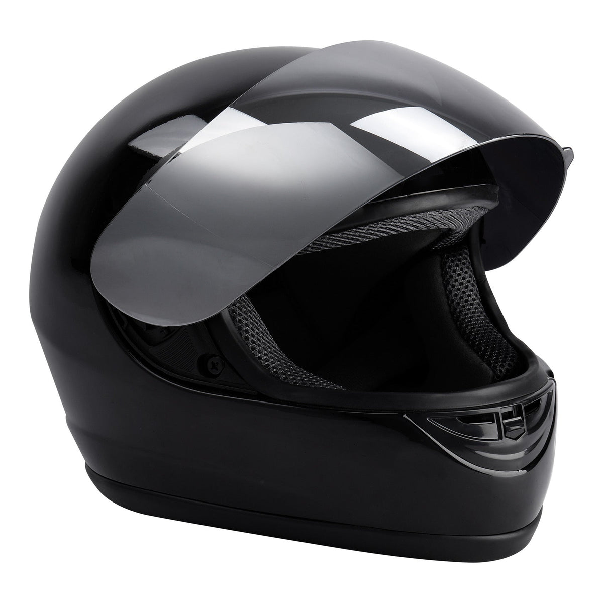 Motorcycle Helmet TCMT Gloss Black Full-Face Shell with Clear Shield, Large Variant, Padded Interior and Rear Vents