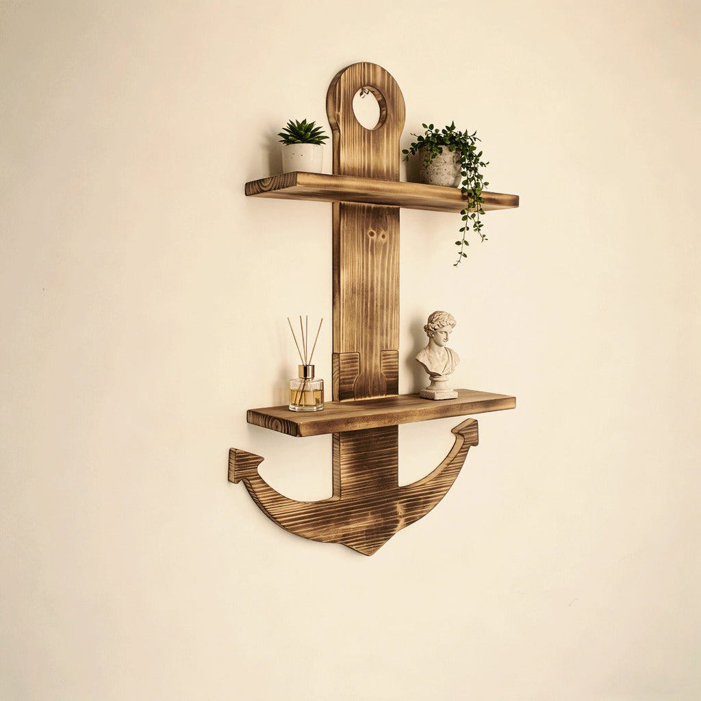 Floating Wall Shelves Solid Wood 2-Tier Nautical Anchor Shelf Handcrafted Heavy Duty Wall Mounted Organizer for Bedroom Living Room Bathroom