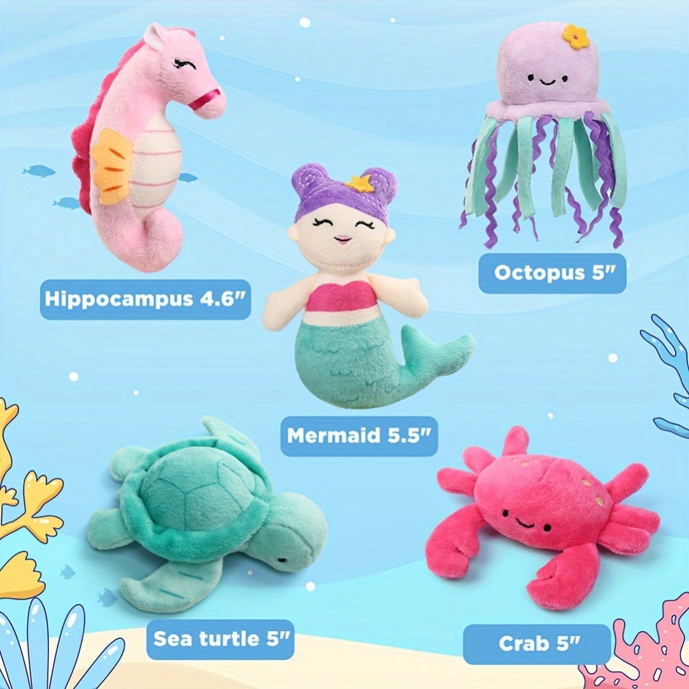 Plush Toy Five-Piece Ocean Creature Set with Mermaid, Sea Animals and Pink Shell Carry Bag