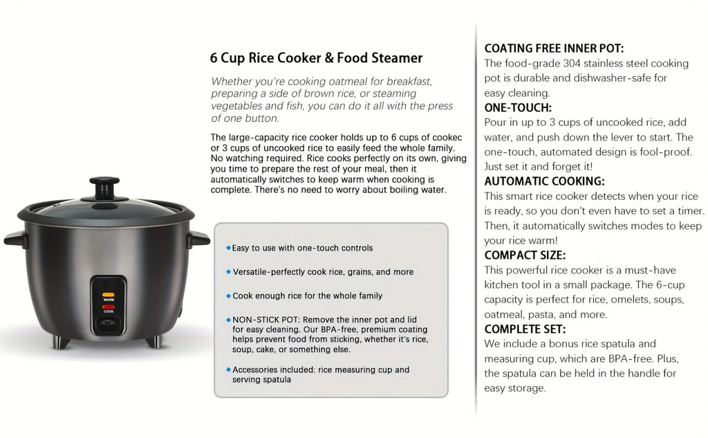 Three-Cup Uncooked / Six-Cup Cooked Rice Cooker with One-Touch Cook and Warm Modes, Inner Pot and Accessories