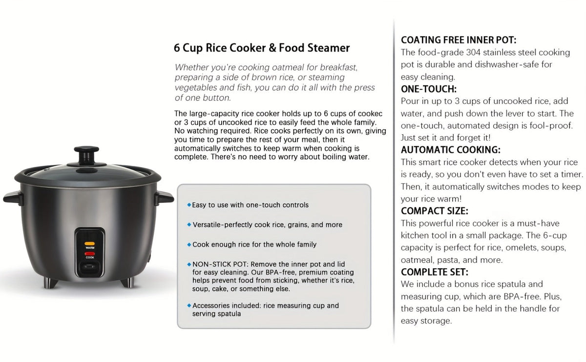 Three-Cup Uncooked / Six-Cup Cooked Rice Cooker with One-Touch Cook and Warm Modes, Inner Pot and Accessories